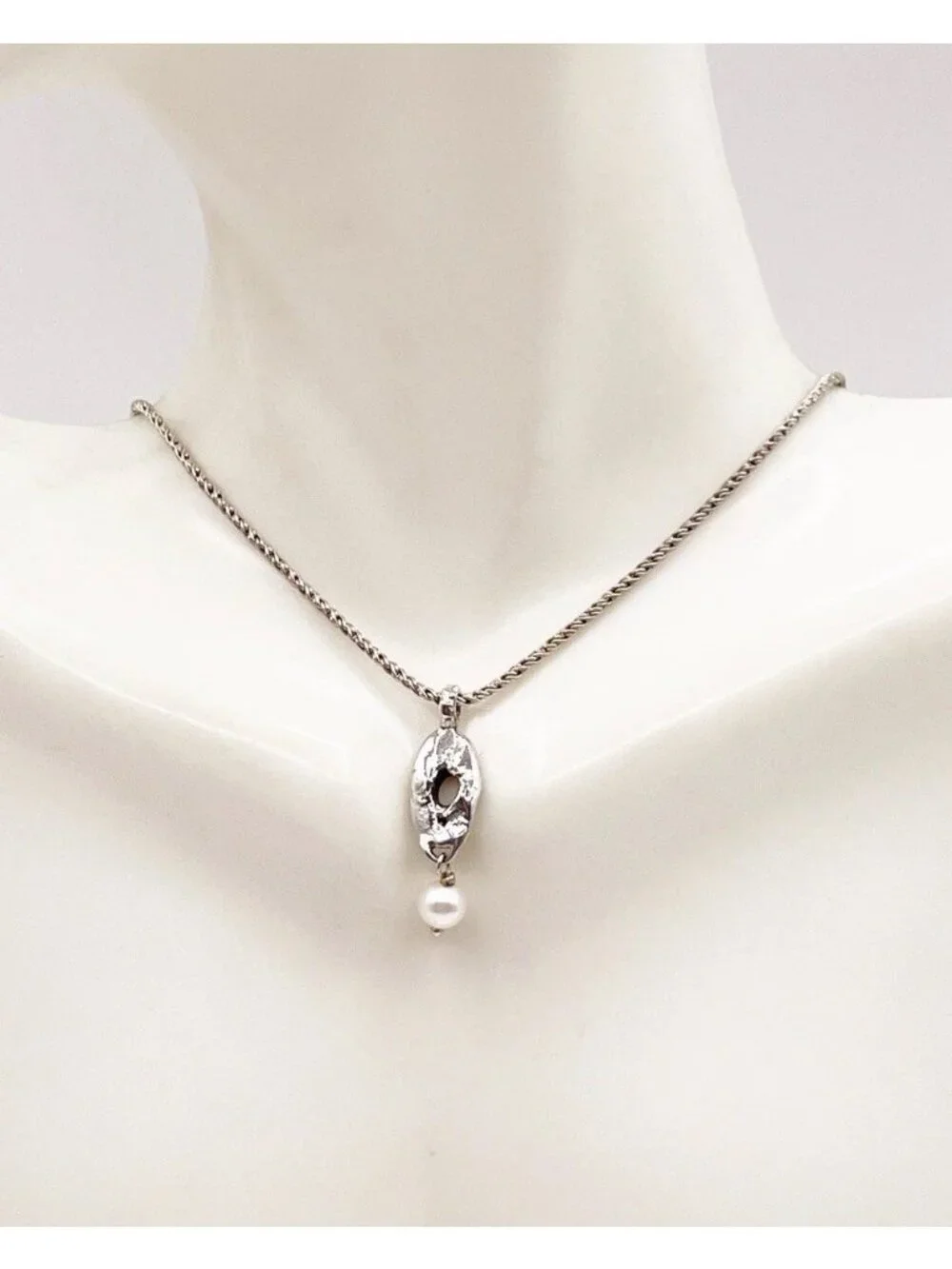 925 Sterling Silver Dainty Organic Openwork Pearl Pendant Necklace Minimalist